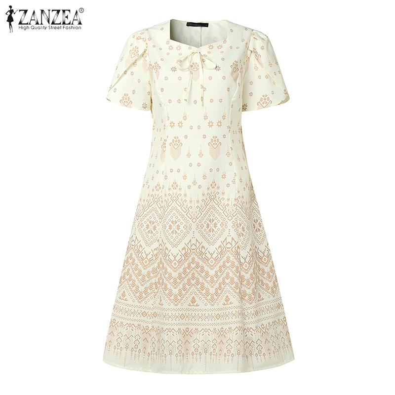 ZANZEA Vestido informal de verano con cuello redondo y manga corta estampado para mujer