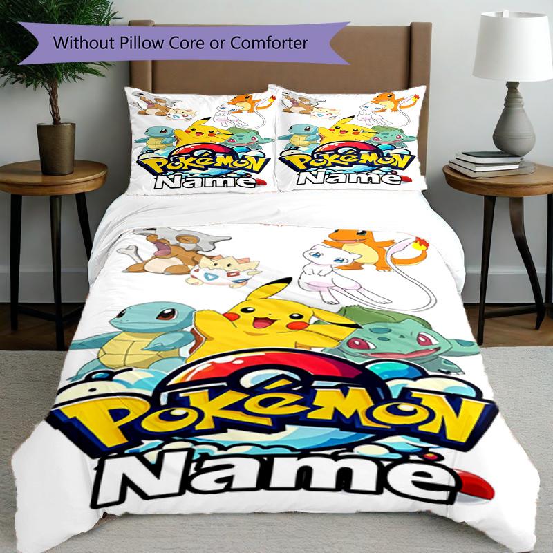 3-teiliges Bettbezug-Set (1 * Bettbezug + 2 * Kissenbezug, ohne Kern), Benutzerdefinierter Name Pokemon Muster Bettwäsche Set, Heim Schlafzimmer Dekor Geschenk