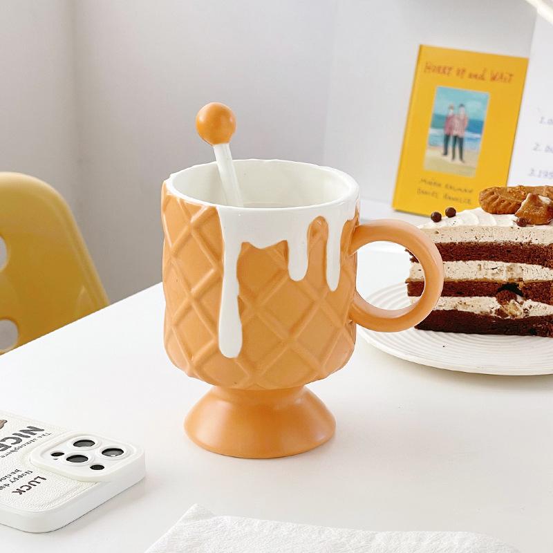 Cream Ice Cream Coffee Cup with Mixing Spoon Ceramic Cup Ins High Value Milk Cup for Girls Household Mug