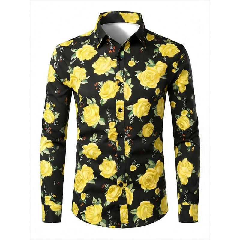 Flores de colores Patrón de rosa Camisa de manga larga para hombre impresa en 3D Camisa casual para hombre Camisa retro para hombre Moda Ropa para hombre Tops