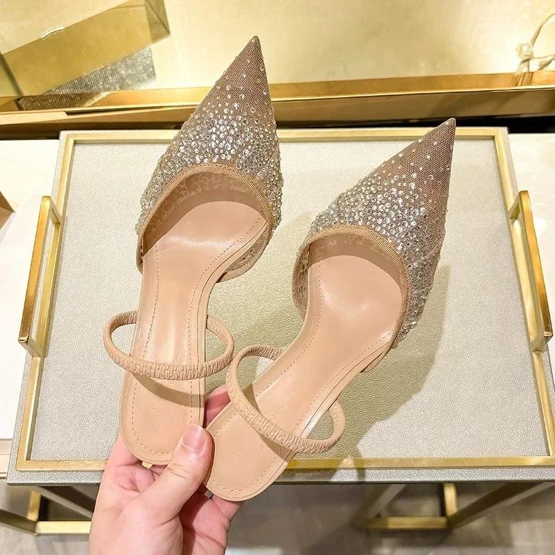 Luxury  Shiny Rhinestone Mesh Heeled Sandals Women Summer Sexy Pointed Toe Slingbacks Thin High Heels Elegant Dress Shoe