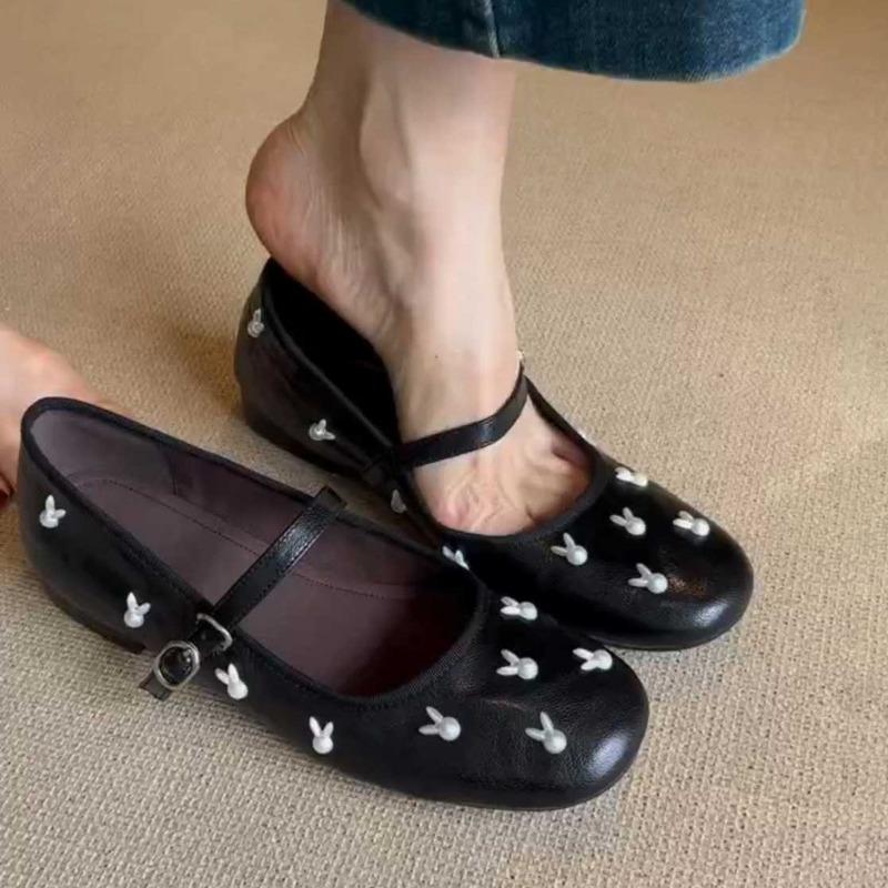 Sheepskin version~ Round head Mary Jane shoes with one-word buckle strap versatile shallow mouth flat sole shoes grandma shoes
