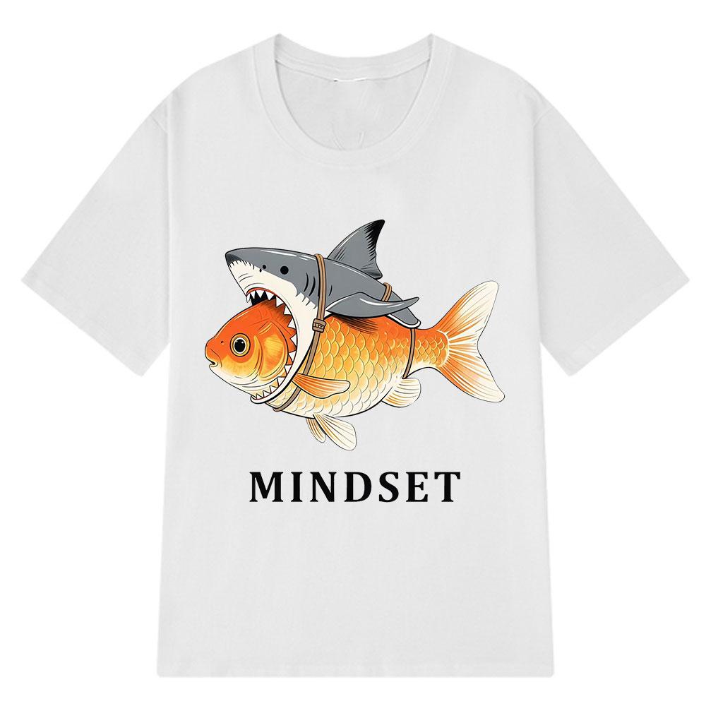 Mindset Goldfish Funny Shark Fin Harness Design T-Shirt Men Women Casual Vintage T Shirt Short-sleeved Harajuku Hip-hop T-shirts