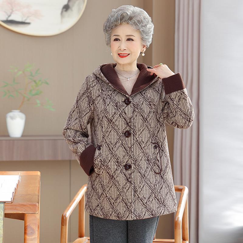Spring Mid-Length Hooded Woolen Coat - Plus Size for Middle-Aged & Elderly Women