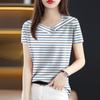 Summer Women's Cotton T-shirt Short Sleeve V-neck Striped T-shirt Top