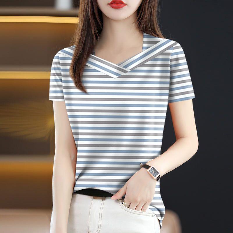 Summer Women's Cotton T-shirt Short Sleeve V-neck Striped T-shirt Top
