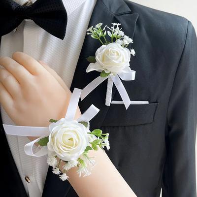 Meldel Corsage Men Wedding Rustic Boutonniere White Bridal Wrist Corsage Bridesmaid Groomsmen Party Meeting Personal Decorations