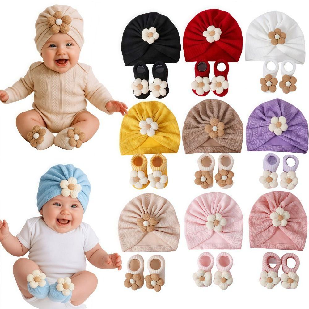 Elastic Infant Turban Hat Socks Set Soft Cotton Hat Sock Set Baby Headscarf Hat Newborn Supplies