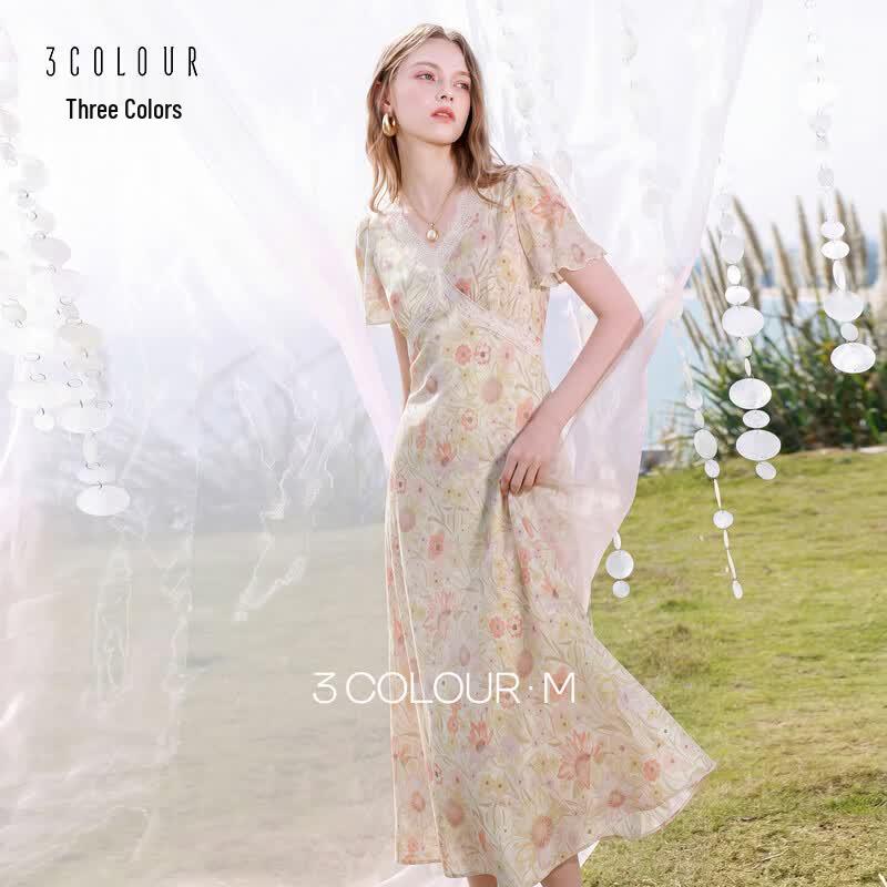 Sancai 2026 Summer New Floral V-Neck A-Line Long Dress S