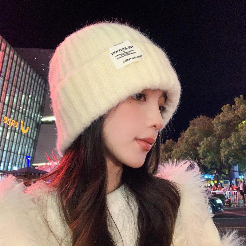 Herbst- und Wintermützen Damenmode Etikettierung Strickwollmützen Winter warm großer Kopfumfang Ohrenmützen