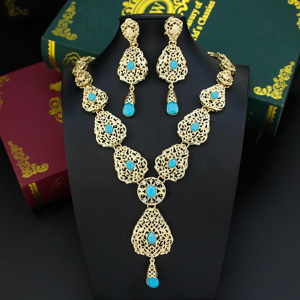 Gold Color Jewelry Sets Long Earring Necklace Set For Women Hollow Arabesque Pendant Necklace Bride Jewelry