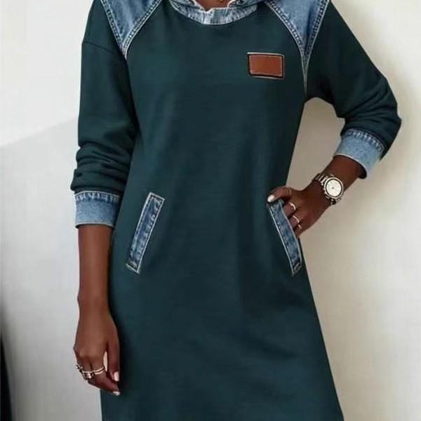 Women's Denim Spliced Hooded Sweatshirt Dress Long Sleeve Patchwork Pocket Casual Tunic Dress
