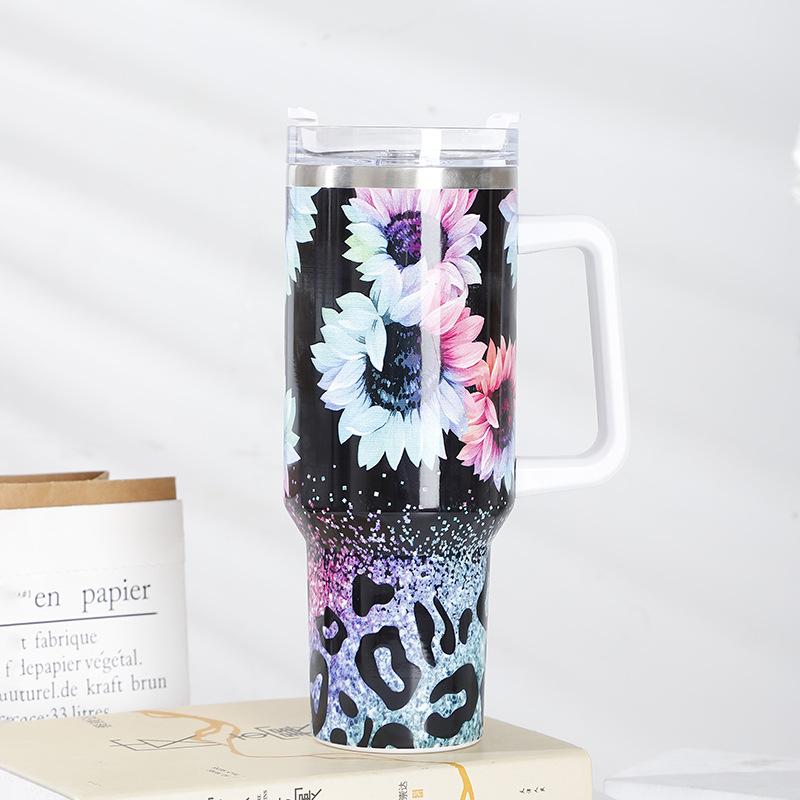 Large Capacity Ice Cup 40Oz Printed Handle Water Cup 1200Ml Sports Water Bottle Thick Plastic-Sprayed Thermos Cup