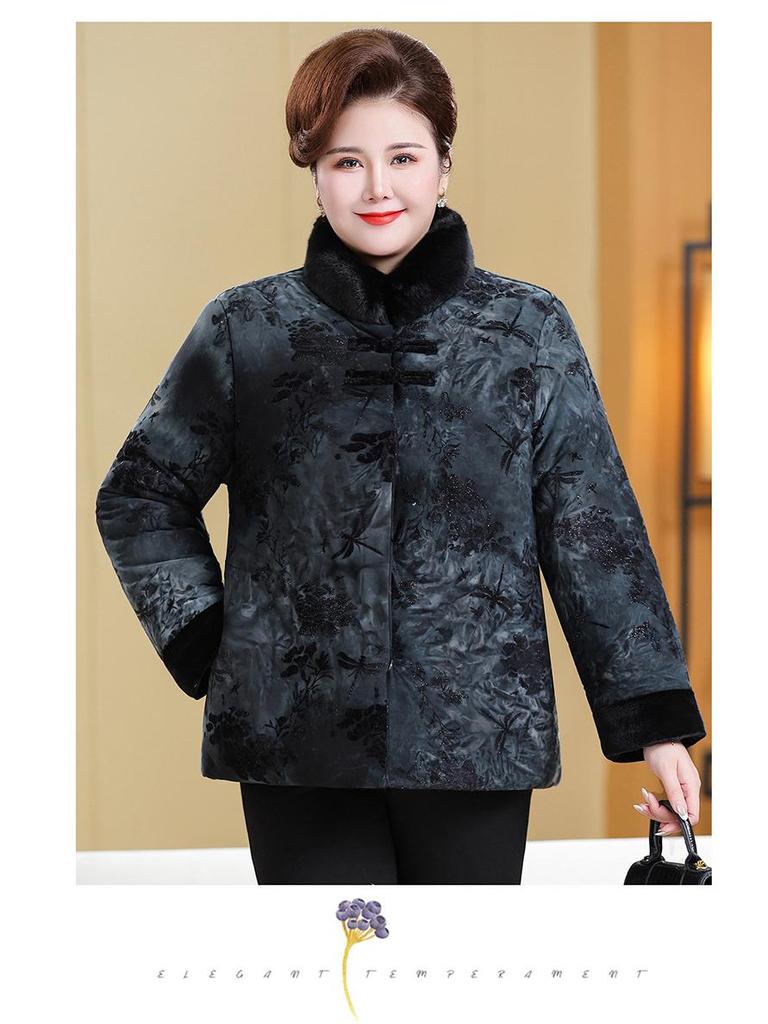 Plus Size Velvet Cotton Jacket for Women - Loose, Padded Winter Outerwear for Middle-Aged & Elderly