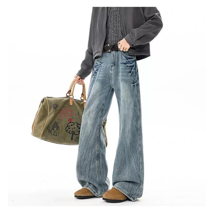 American high street lightning pattern micro-pull jeans men's trendy brand loose retro straight versatile wide-leg trousers men's clothing