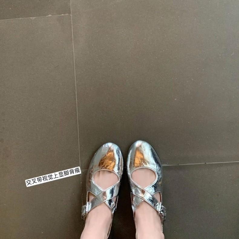 Sheepskin version~ Cross-strap silver Mary Jane shoes women's light mouth flat bottom versatile single shoes genuine leather ballet style small lea