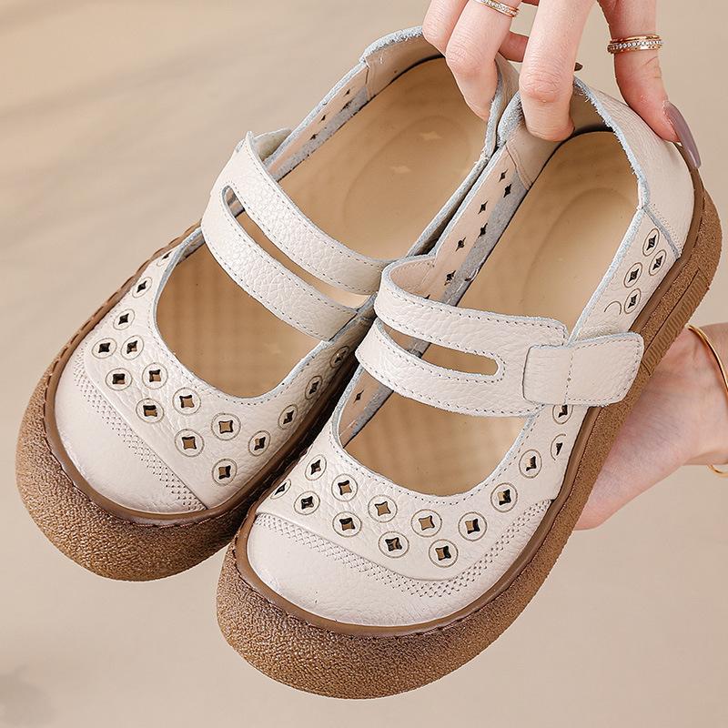 Neue Naturleder-Ortho-Sandalen für Damen Sommer Aushöhlen Flats Schuhe ältere Frau Mary Jane Slipper Riemen Slipper Mokassin