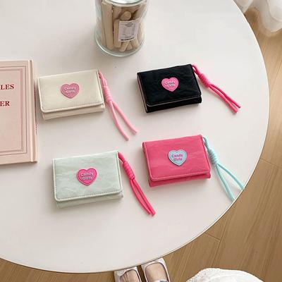 Portefeuille Lanière Femme Porte-Cartes Pliage Triple Fermeture Éclair Porte-Monnaie Sac Clutch Cœur Portable Fille Petite Pochette à Monnaie