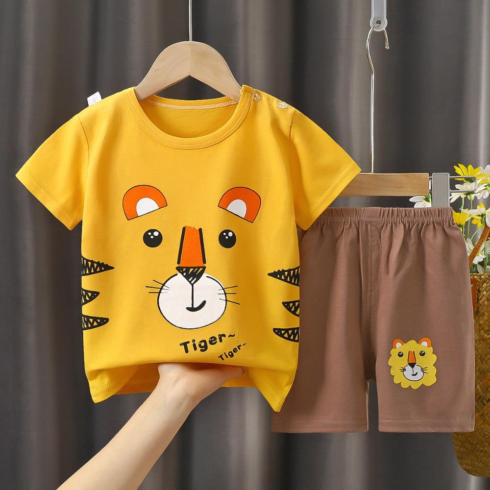Kids Cotton Short Sleeve 2Pcs Set, Summer Shoulder Snap T-shirt & Shorts for Toddler Boys Girls