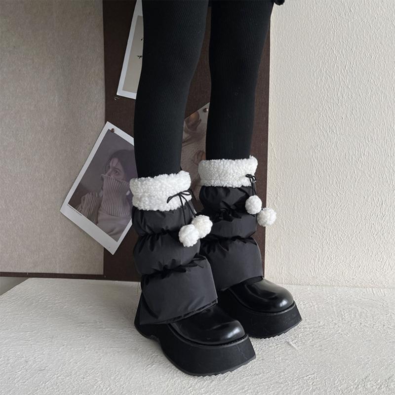 Lamb Fleece Trim Padded Puffer Leg Warmers with Cute Plush Balls for Women Warm Thermal Quilted Boot Cuffs Foot Covers