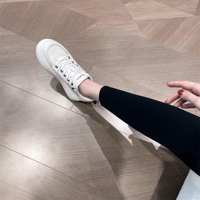 Women's 2023 Spring Genuine Leather White Platform Sneakers - All-Match Round Toe, Thick-Soled Sports Casual Shoes