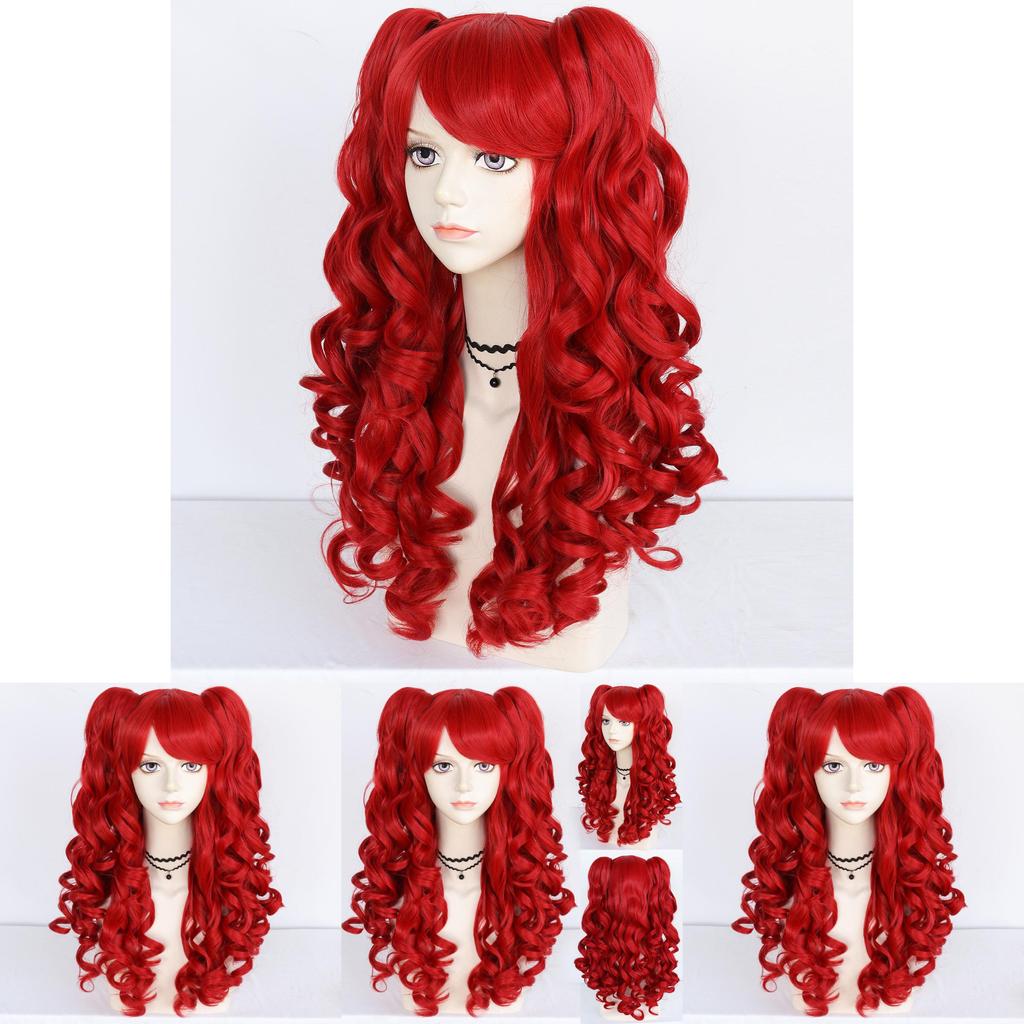 Lolita Cosplay Wig With Double Tiger Clips Red Long Curly Synthetic Hair For Anime Costumes