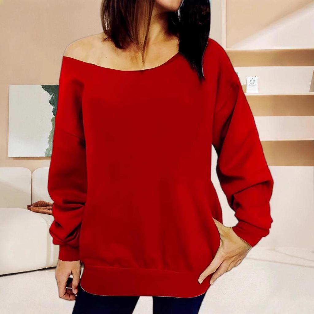 2025 Casual European & American Solid Color Women's Off-Shoulder Sweatshirt