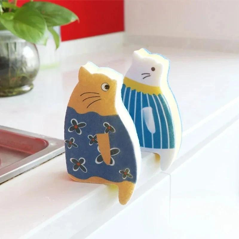 Kitchen Cleaning Dishwashing Sponge Sitting Cat Cute Cartoon Dishwashing Scouring Cloth Sponge Wipe