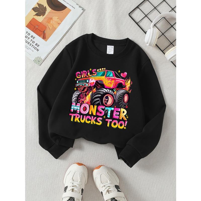 European sizes Kids' Casual Sweatshirt Printed Round Neck Pullover, Kids Like Monster Trucks Too, Casual Comfortable
