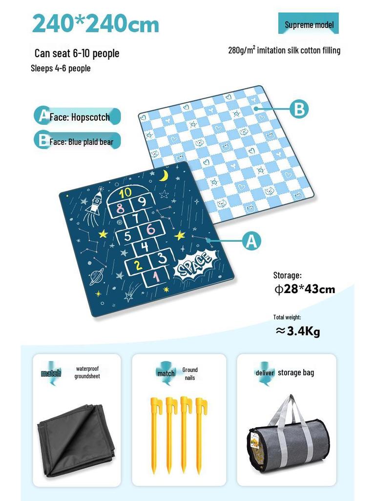 Moisture-Proof Picnic & Camping Mat: Thick, Waterproof, Machine-Washable Tent Ground Cover (240×240, 2.4M)