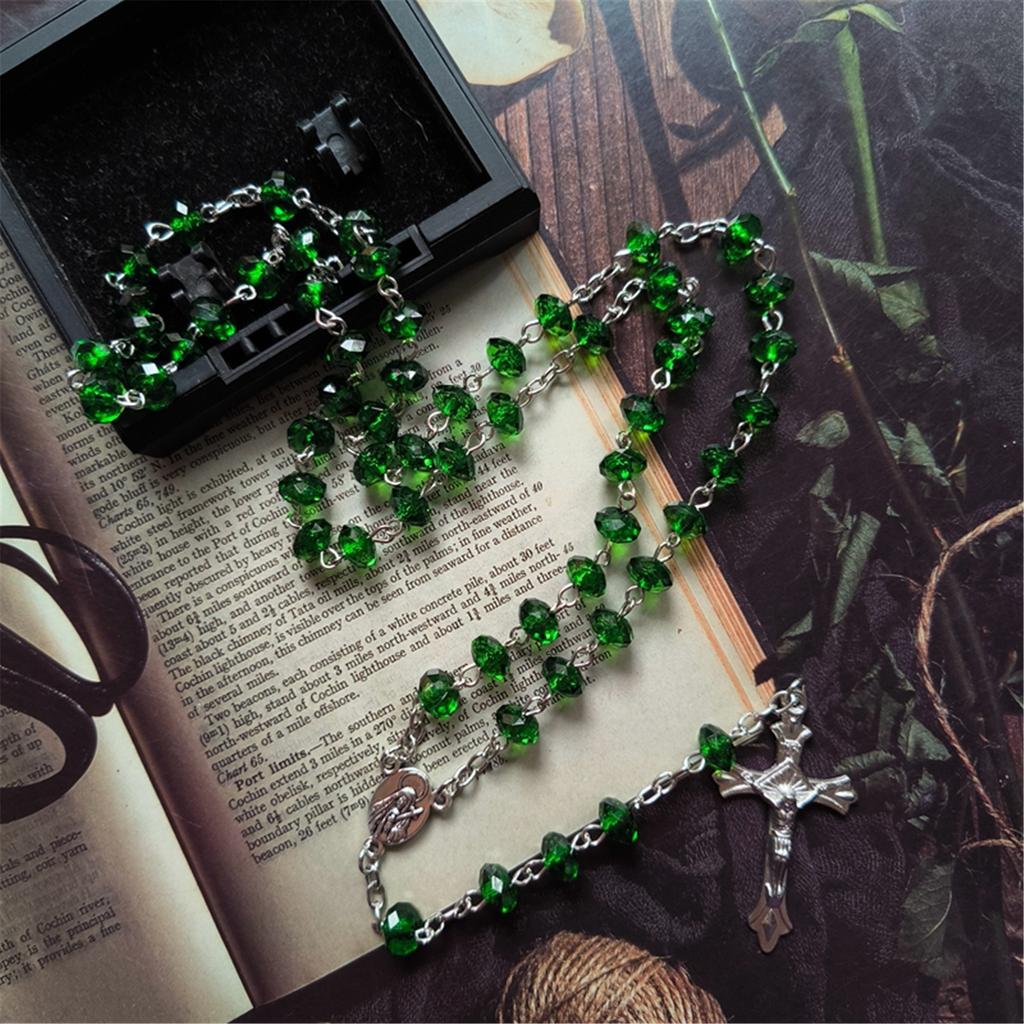 Christian Green Stone Rosary Necklace with Beads Cross Pendant Church Jewelry Sweater Chain Accessory