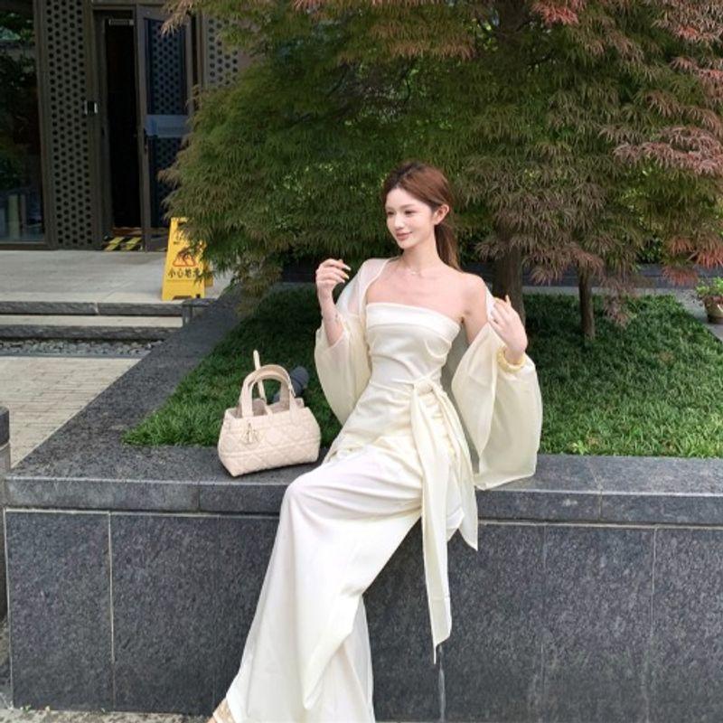 Kumikumi Long Sleeves Cardigan Underwear Bandeau Vest Women's Autumn High Waist Slim Looking All-Matching Casual Trousers Three-Piece Set