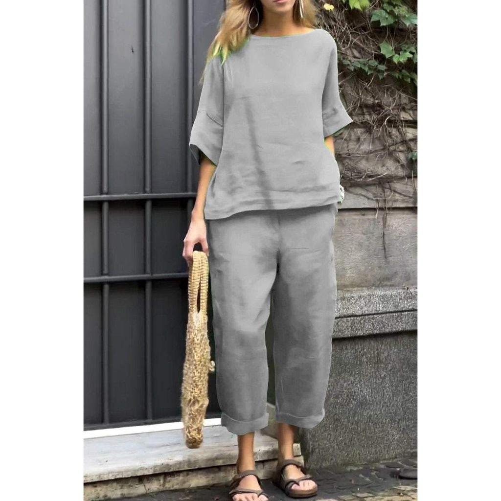 Damen T-Shirt Hosen Set Dreiviertelärmel O-Ausschnitt Lockeres Oberteil Elastische Taille 2 Teile/Satz Übergröße