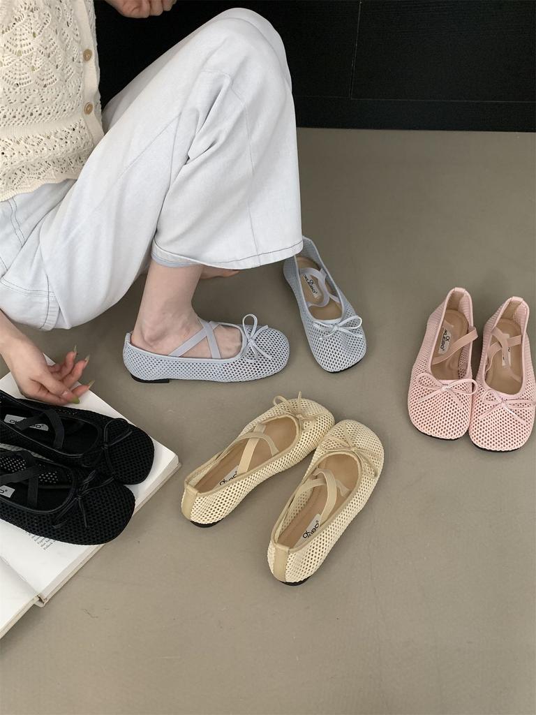 IPPEUM Women Ballet Flats Mesh Round Toe Mary Janes Black 2025 New Soft Ballerina Shoes