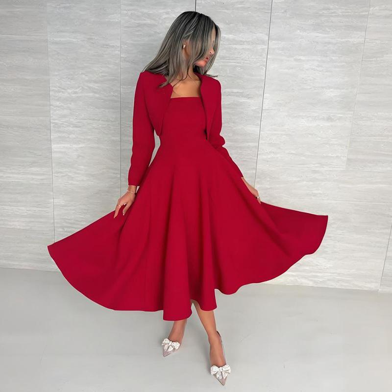 Europe, America, Amazon cross-border women's clothing new solid color sleeveless tube top dress long sleeve pocket jacket set