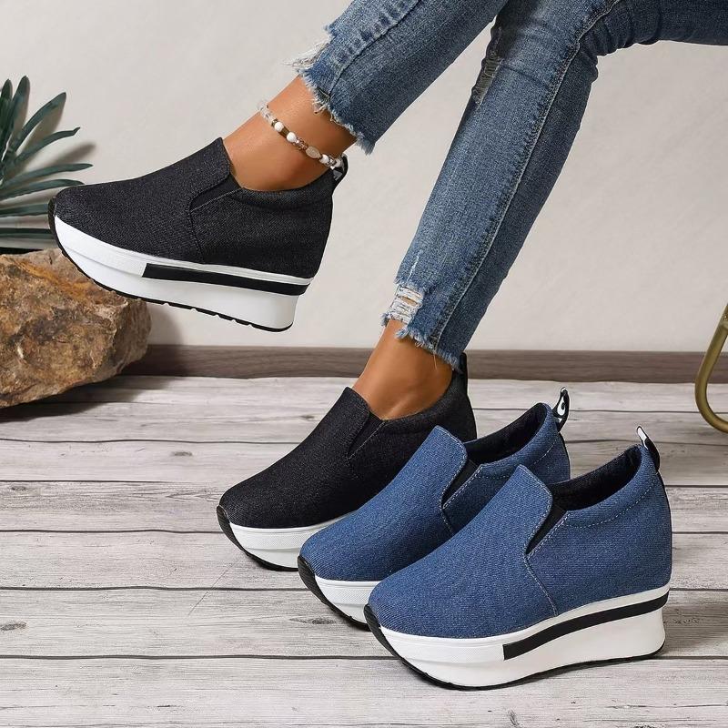 Damen Leinwand Slip-On Plateau Freizeitschuhe für Frühling/Herbst, Höhensteigernde Komfortschuhe, In Großen Größen Erhältlich.
