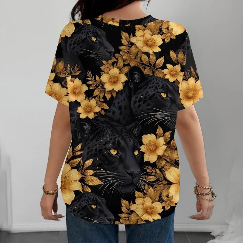 Bold Leopard Print Gold Flower Women's T-shirt Casual Fashionable Loose Comfortable Black Short Sleeve
