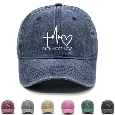 Casquette de baseball ajustable imprimée « FAITH HOPE LOVE », Croix Battement de cœur Cœur Chapeau de papa Couleur unie Sportif Vieilli Été Casquette de baseball snapback