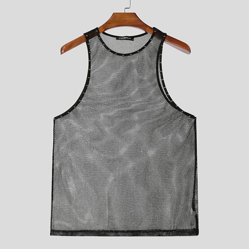 INCERUN Débardeurs T-shirts Transparents en Maille Ajourée Sans Manches pour Homme