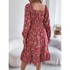 Fashion Women's Dresses Elegant Floral Square Neck Long Sleeve Waisted Ruffle A-line Dresses