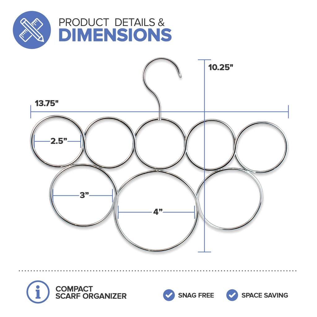 Exultimate Scarf Organizer, Anti-Snagging Closet Scarf Hanger, Space-Saving Scarf Hanger for Closet Organization and Storage, 8 Satin Chrome Rings