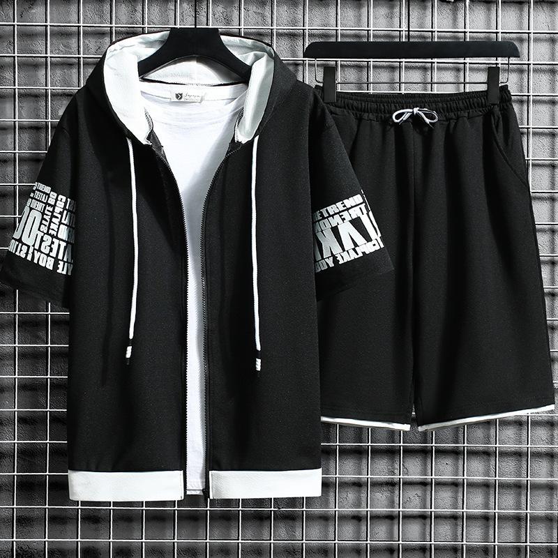 Summer Men's Cardigan Sweatshirt Set Tracksuit Casual Sets Men's Sportswear Hooded Short Sleeve Set Tshirts+Short 2PCS Sports Suit Loose Clothing