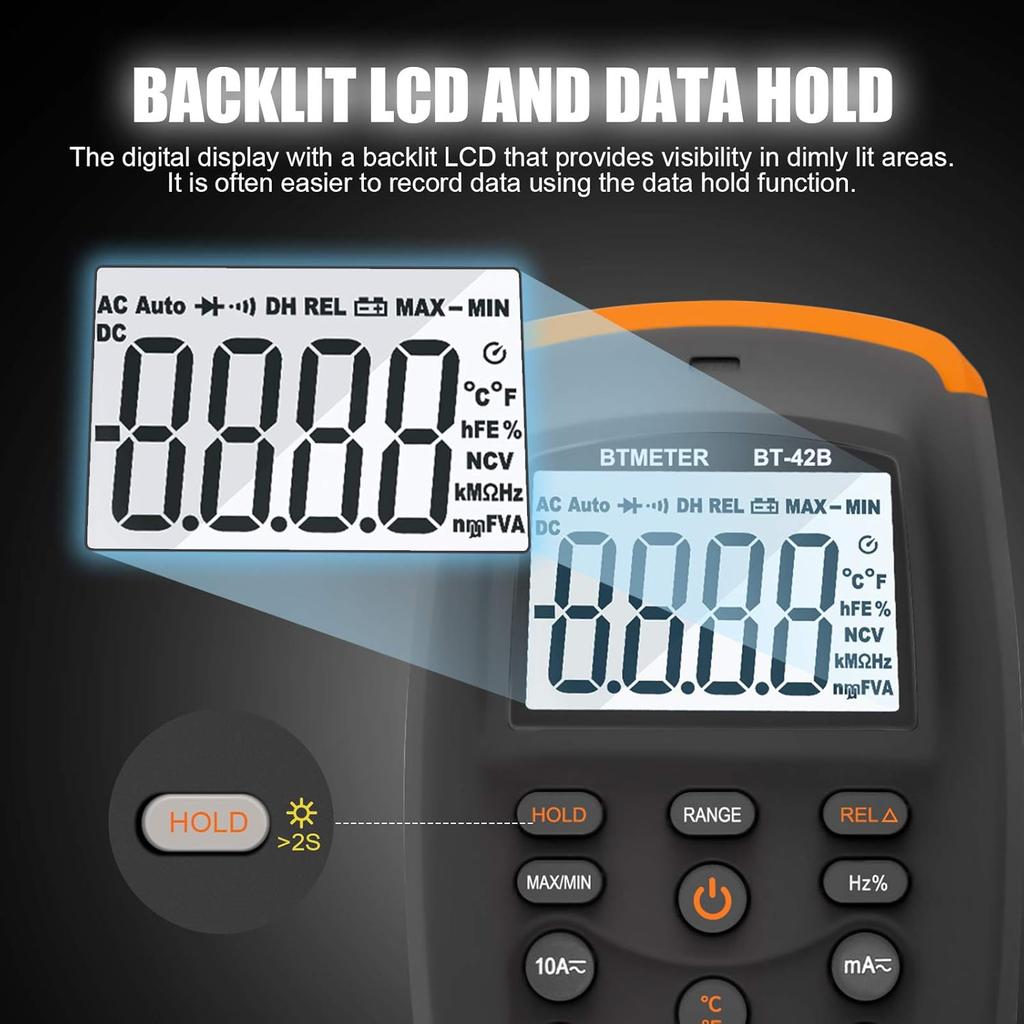 BTMETER BT-42B TRMS 6000 Count Multimeter, Auto-Ranging, Tests Volt/Amp/Ohm/Cap/Hz/Diode/Temp/Continuity, Backlit LCD