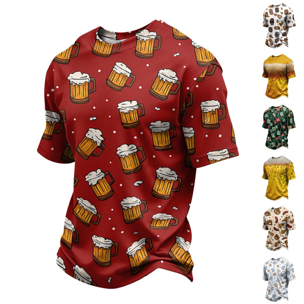 Men's Casual Quick Dry Crew Neck Lightweight Mesh Breathable Short Sleeve Shirt with Beer Festival Pattern Suitable for Summer Outdoor Activities