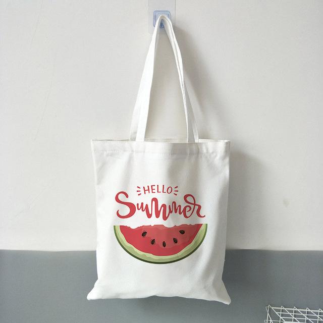 New Women's Casual Canvas Shopping Bag Hello Summer Watermelon Print Eco Tote Travel Bag Lady Handbag Reusable Large Capacity