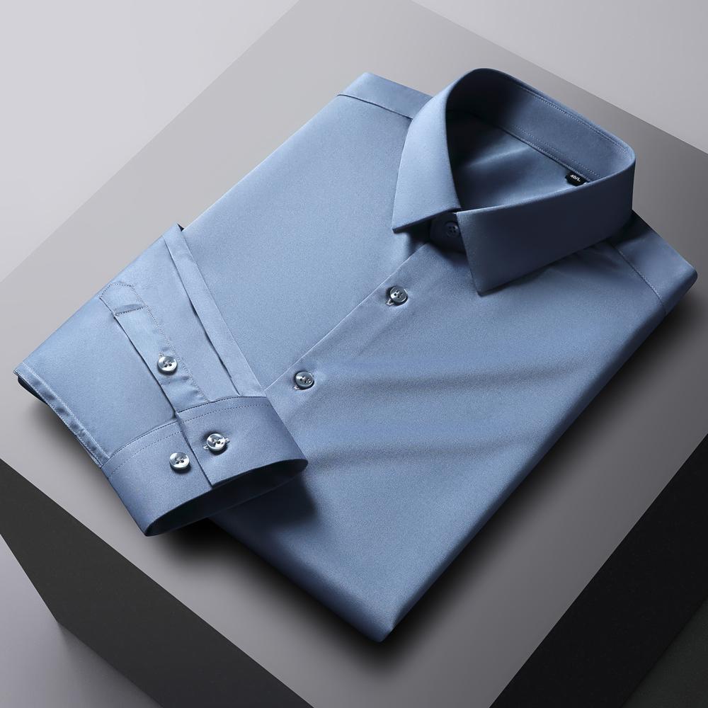 Cămașă de rochie pentru bărbați, cu mânecă lungă, de culoare uni, fără călcare, elastică, mătăsoasă, prietenoasă cu pielea, ușor de întreținut, formală, îmbrăcăminte pentru bărbați, cămașă cu nasturi