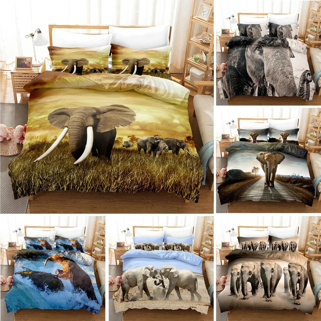 3D Elephant Bedding Set Queen Full Duvet Cover Sets Design Elephant Bedspread Black Wildlife Soft 2/3pcs Microfiber Quilt Cover