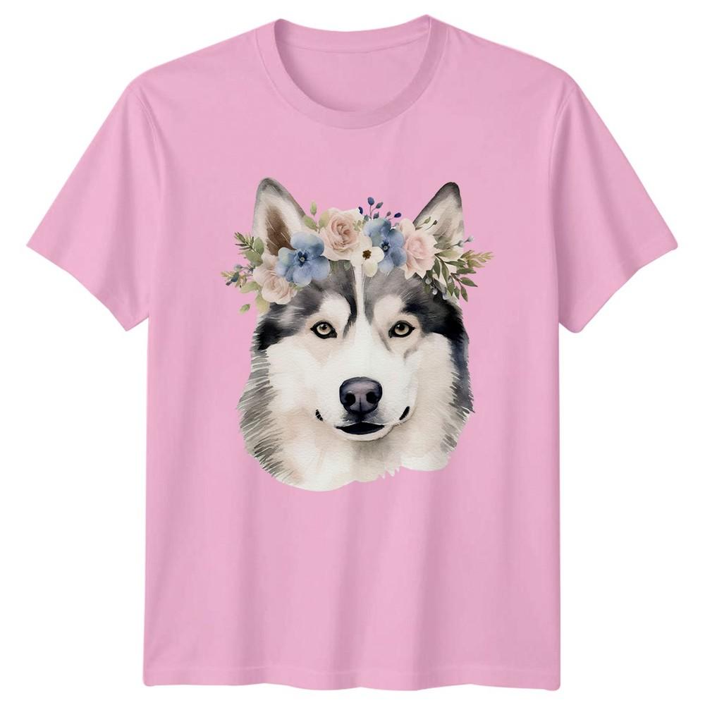 Watercolor Siberian Husky Dog With Unisexs TShirt Flower Crown Pet Portrait