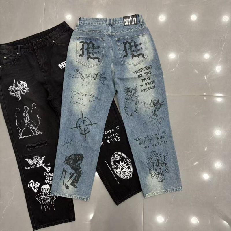 American MIXED EMOTION Angel Letter Print Wide Leg Straight Jeans Unisex