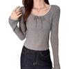 Women's Chic Sweet & Spicy Lace Bow Tie Round Neck Slim Fit Long Sleeve T-shirt